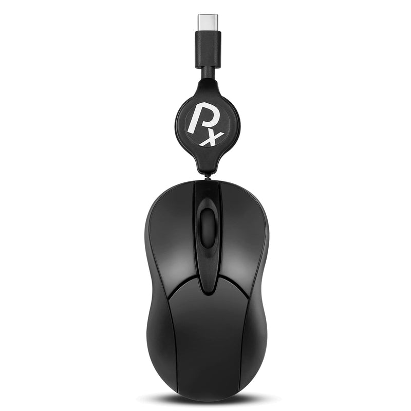 Perixx PERIMICE-405CR Wired Portable USB-C Mouse - Retractable 2.5ft USB-C Cable for Laptop, Tablet, or Smartphone - Silent Click - Black