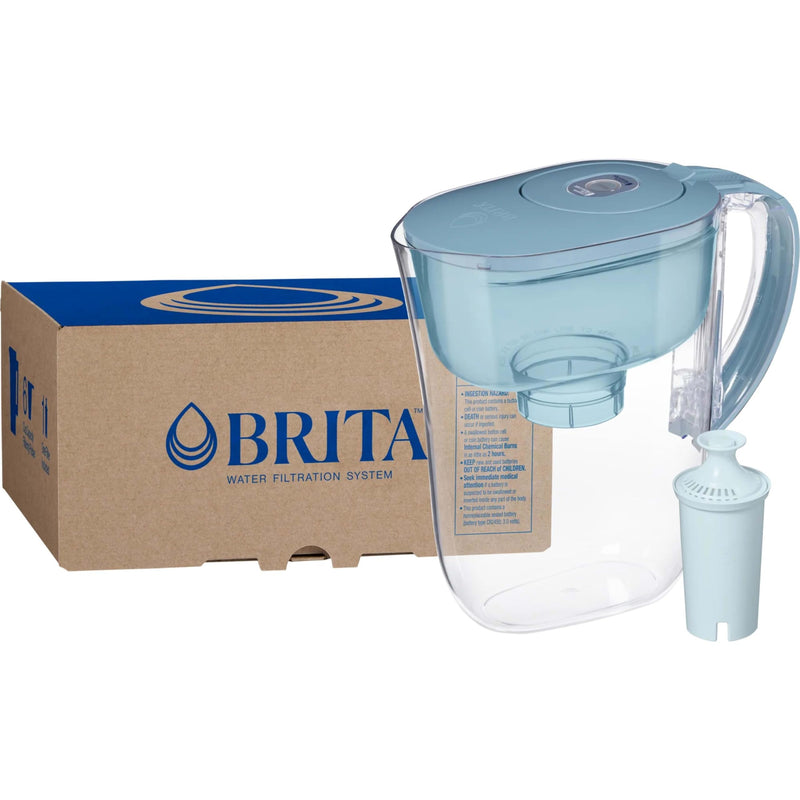 Brita Small 6-Cup Water Filter Pitcher with BritaPlus Filter, WQA NSF/ANSI Certified, Reduces 2X Contaminants vs. Standard, Removes Chlorine Taste & Odor, Reduces Zinc Copper Mercury, Stone Blue Plus