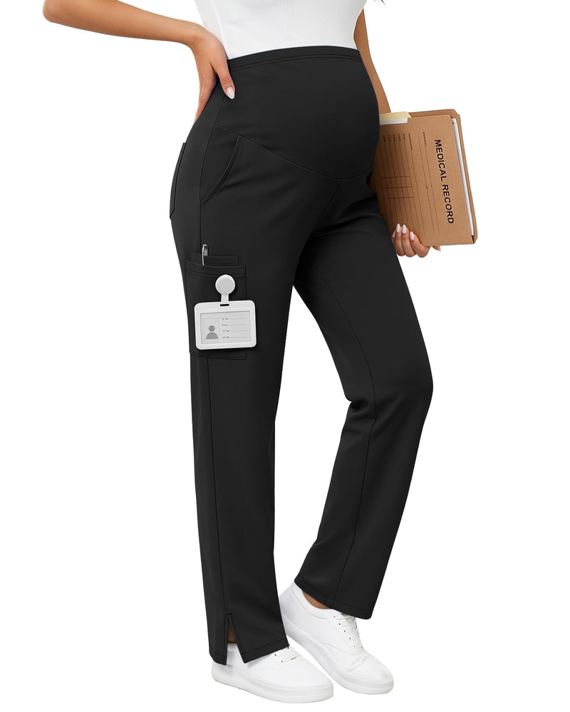 Women's Maternity Scrub Pants 6 Pockets Stretchy Pregnancy Cargo Workwear Straight Leg High Waist Nurse Trousers Black Medium