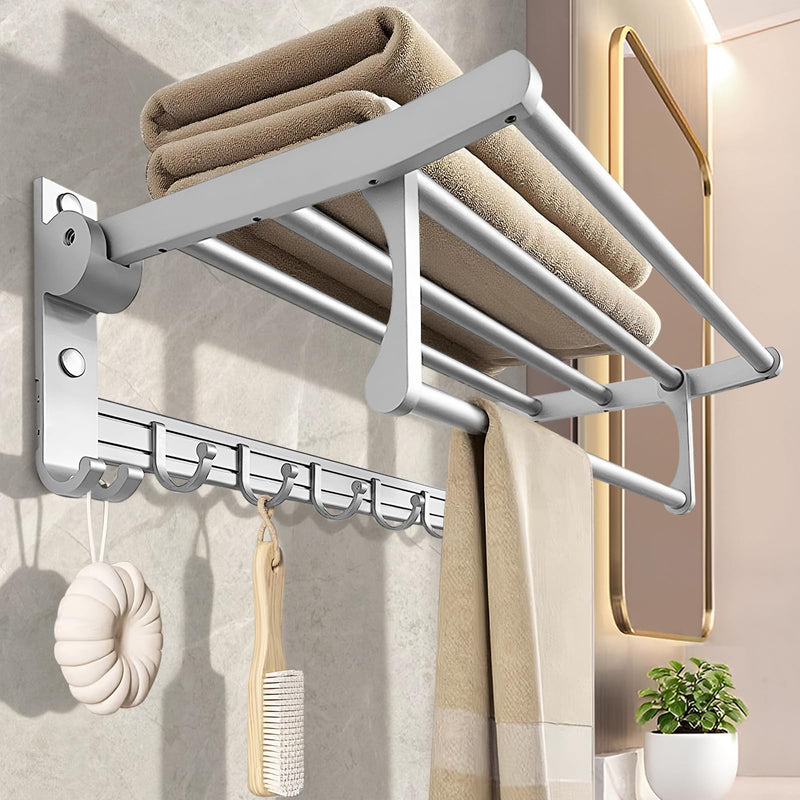 Jahof Fodable Towel Rack 24 inch, Wall Mounted Towel Bar with Hooks, Space Aluminum Towel Holder for Bathroom, Lavatory (60cm, Silvery)