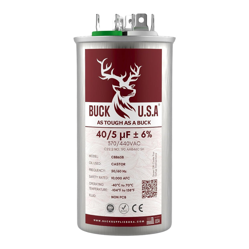 Buck 40+5uF 40/5 MFD ±6% CBB65B Dual Run Round Start Capacitor - Ideal for HVAC Systems, Air Conditioner Unit Fan Motor Start, Heat Pump, & Condenser Straight Cool Applications 370/440VAC 50/60Hz 40+5 µF 1