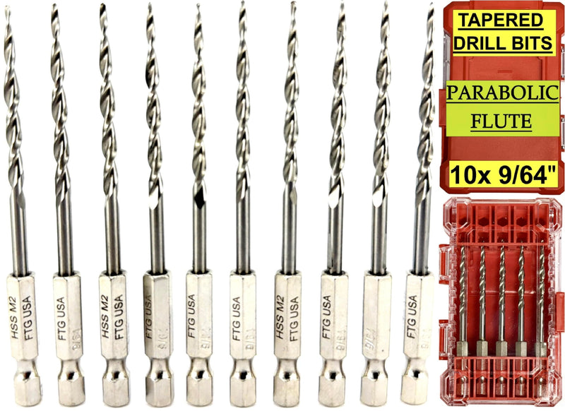FTG USA 10 Pc #6 (9/64") Parabolic Flute Tapered Replacement Drill Bits, Case Same Sort 10 Pc