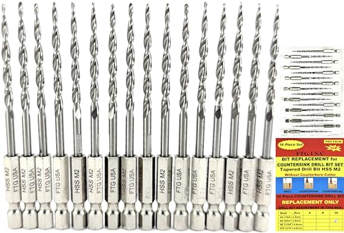 FTG USA 16 Pc #6 (9/64") Parabolic Flute Tapered Replacement Drill Bits, Case Same Sort 16 Pc