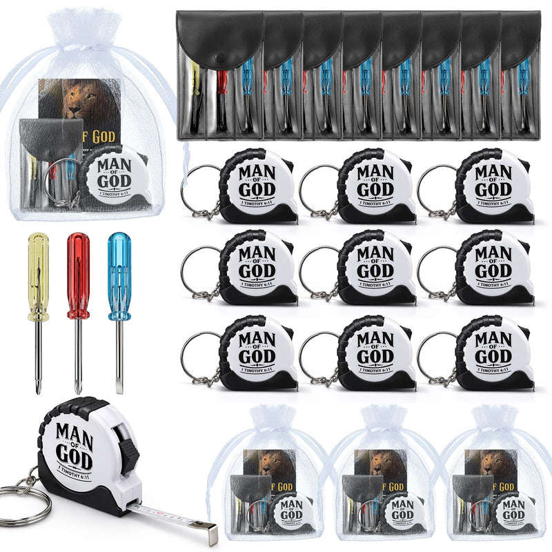 30 Sets Man of God Father's Day Christian Gifts Bulk Mini Screwdriver Keychain Retractable Tape Measure Keychains Mini Screwdrivers in Pouch with Bible Verse Card for Men Father Church Gifts 30