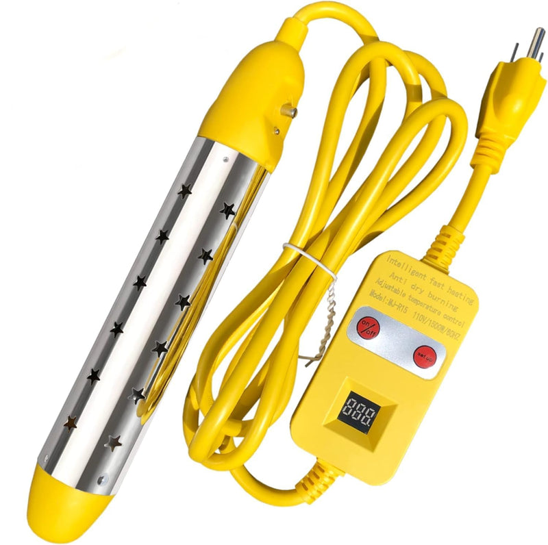 Portable Water Heater – 1500W Immersion Heater for Bathtub with Switch Control, Bucket, Hot Tub, and Mini Inflatable Pool – Fast Heating with Rust-Resistant 304 Stainless Steel Cap(Yellow) Yellow