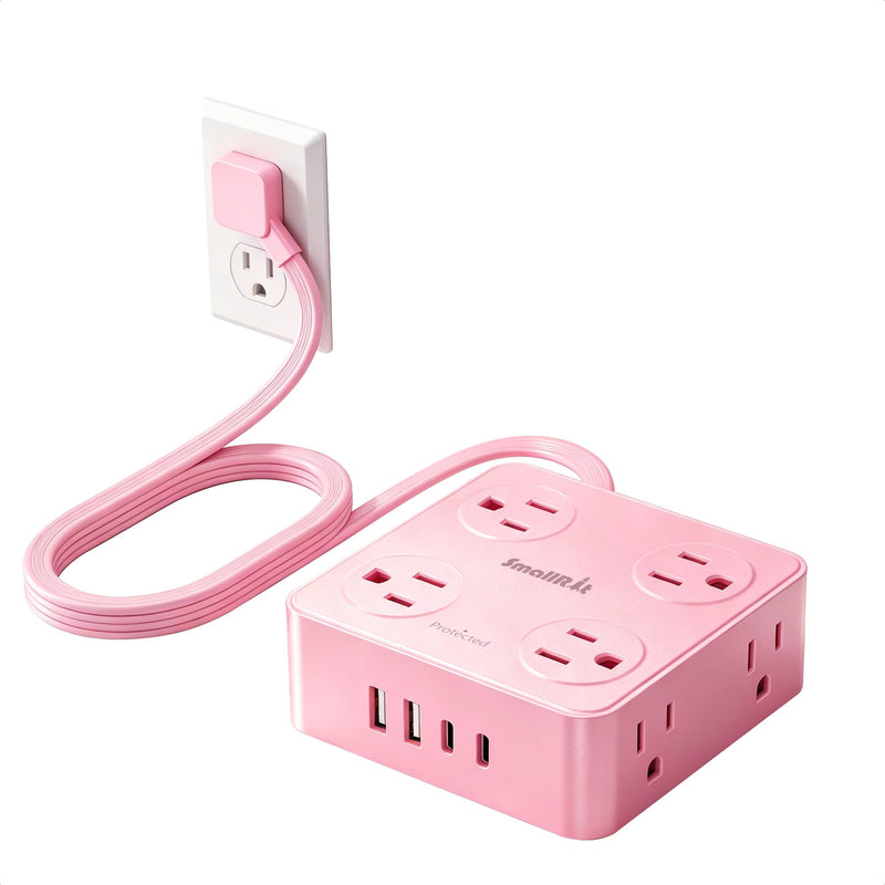 Extension Cord with Multiple Outlets, SMALLRT Power Strips, 6.5FT Flat Plug Power Strip with USB Ports, 8 Outlets, Outlet Extender Outlet for Home Office, Pink 6.5 Ft