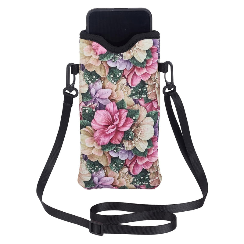 NICENEEDED Neoprene Phone Sleeve Pouch, Floral Cell Phone Case Bag with Crossbody Strap Neck Lanyard, 4 x 7.9 Inch Colorful Flower Cell Phone Bag for Women
