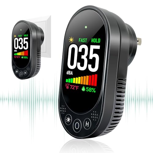 Decibel Meter Plug-in Wall, 3-in-1 Noise Detector(Noise,Temp and Humidity) with Fast/Slow Refresh Rate, MAX/MIN and Data Hold, 30–130 dBA Decibel Range for Rentals, Home, Classroom, Black