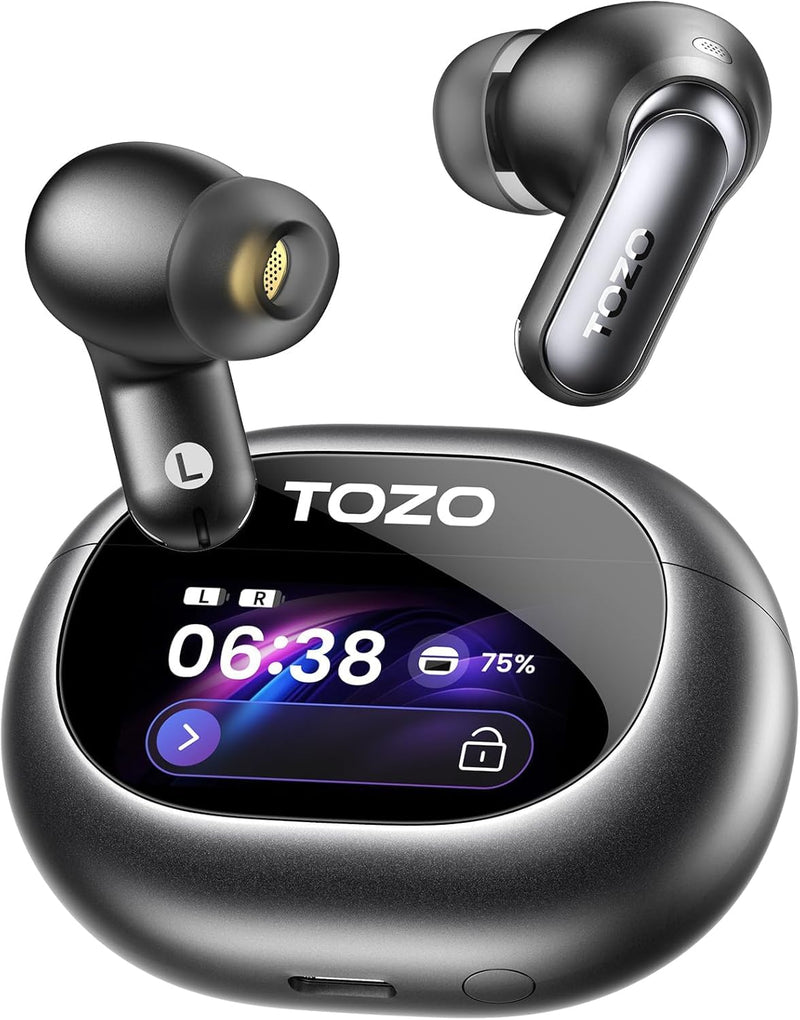 TOZO NC20 Pro Active Noise Cancelling Wireless Earbuds, Smart LCD Screen | LDAC Hi-Res Audio, Stereo Bass, 6 Mics AI Call Ear Buds, 80H Playtime, IPX8 Waterproof, 32 EQ via App Wireless Charging Black Ink Black Small LCD Smart Screen