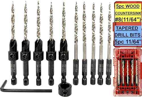 FTG USA 5 Pc #8 (11/64") Countersink Drill Bit Set with 5 Replacement Bits 5 Countersinks + 5 Spares