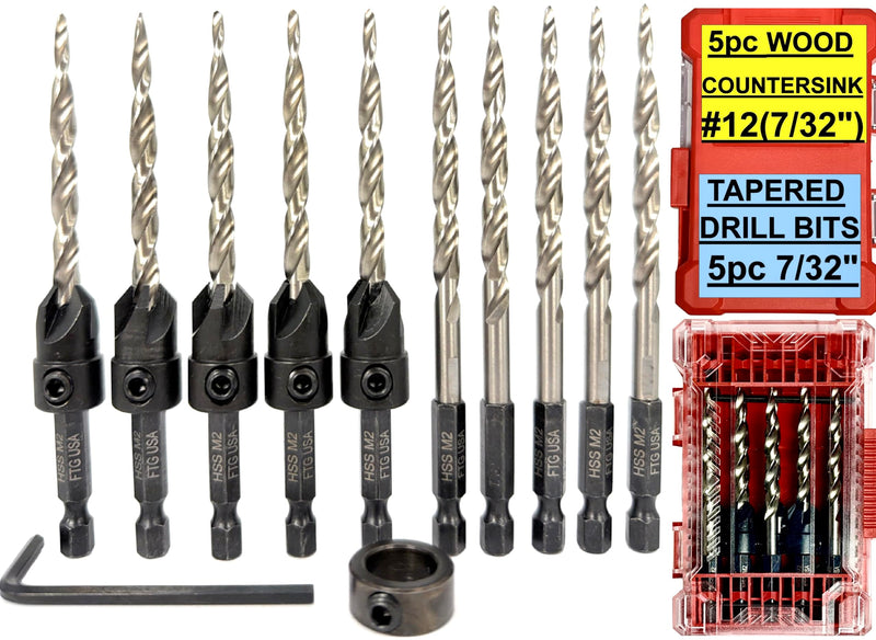 FTG USA 5 Pc #12 (7/32") Countersink Drill Bit Set with 5 Pc Replacement Tapered Drill Bits for Wood in Storage Container