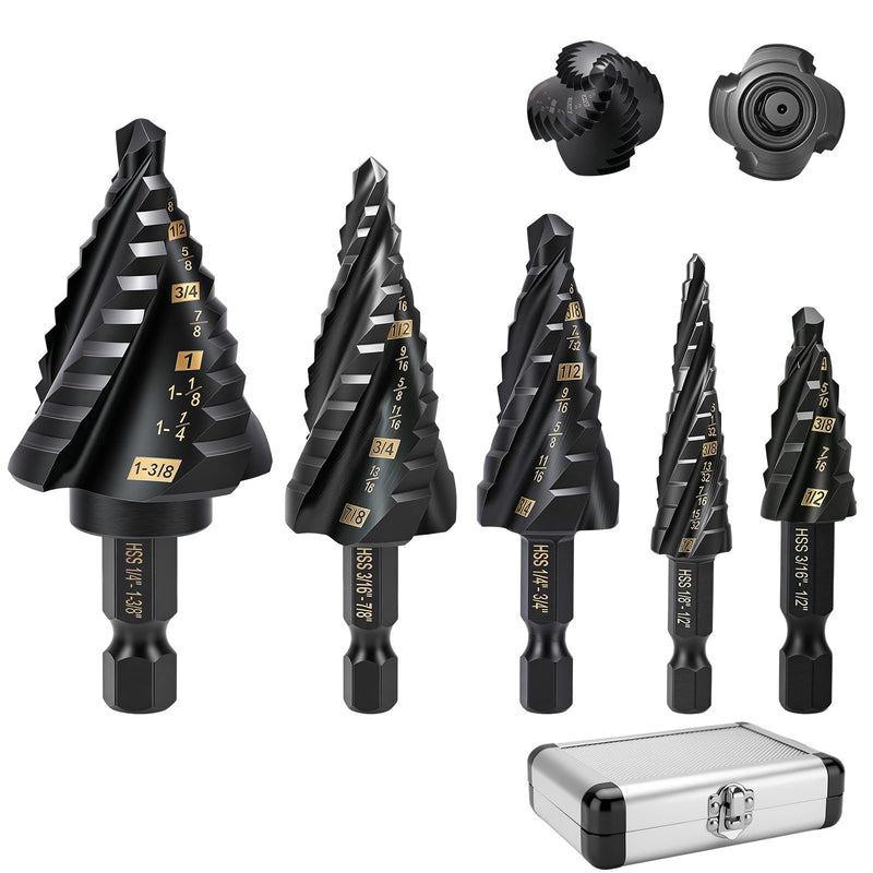 5PCS Titanium Step Drill Bit - Four Spiral Flute HSS Step Bit, 50 Sizes from 3/16" to 1-3/8", Steps Bits for Metal, Aluminum, Wood & Plastic, for Electricians & DIY 5PCS Four Spiral