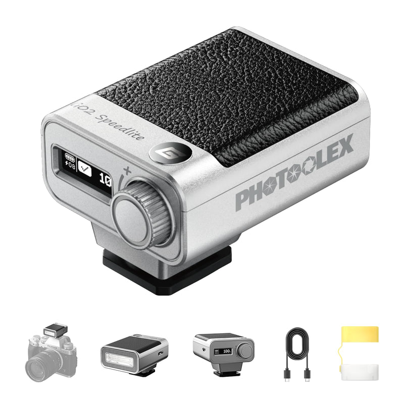 PHOTOOLEX G02 Mini Camera Flash GN10 45g USB-C Speedlite | Universal hot shoe. GN10 output. 6500K daylight color. 0.1s recycle. 45g pocket flash with USB-C fast charging