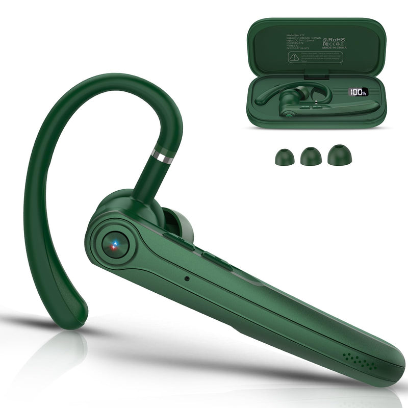 Atheewon Bluetooth Headset, Wireless Bluetooth Earpiece with ENC Noise Canceling Mic, 120Hrs Talk Single-Ear Headphones, LED Display, IPX7, V5.4 Hand-Free Earphone for Business/Trucker/Driver (Green)