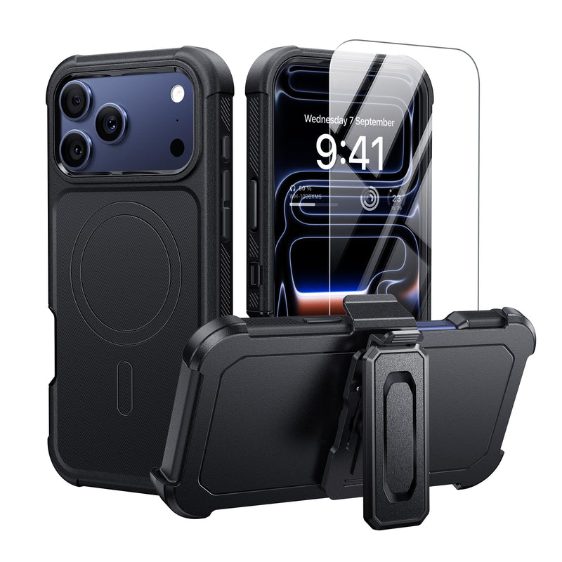 for iPhone 17 Pro Max Case with Belt Clip Holster, [6.9" Screen] Compatible with MagSafe, 360° Rotating Kickstand, Heavy Duty Shockproof Anti-Drop Cover, Include Screen Protector, Black