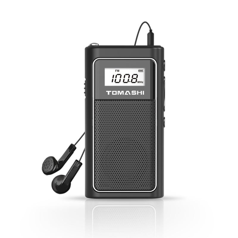 TOMASHI Portable FM Auto Scan Radio, USB-C Rechargeable Pocket Radio | Auto scan FM radio with digital display, speaker and MP3 player. Includes stereo earphones for home, travel and outdoor use.