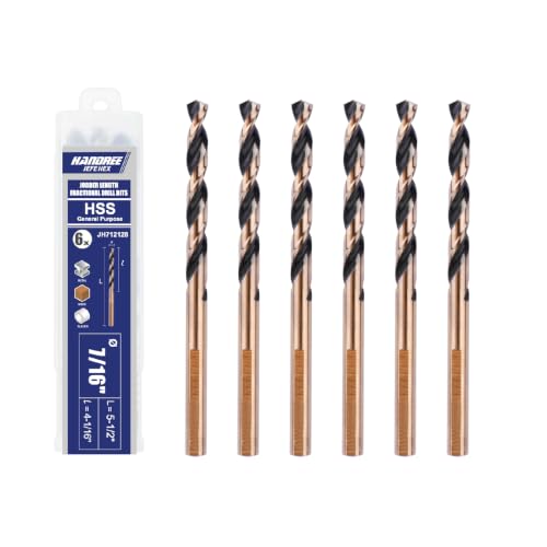 Handree 7/16 6Pcs W4 High-Speed Steel Twist Drill Bits, 3-Flat Shank Black & Gold Coated, 135° Split Point Jobber Length Set, General Purpose for Metal/Wood/Plastic DIY & MRO