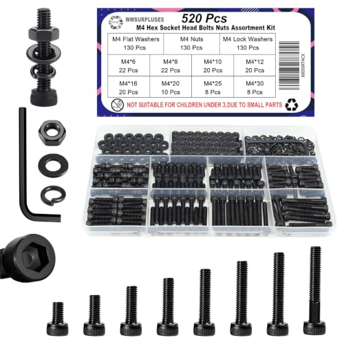 520Pcs M4 Screw Kit, Hex Socket Head Cap M4 Screws, M4 Bolts Nuts Washers Black Black M4--520 Pcs