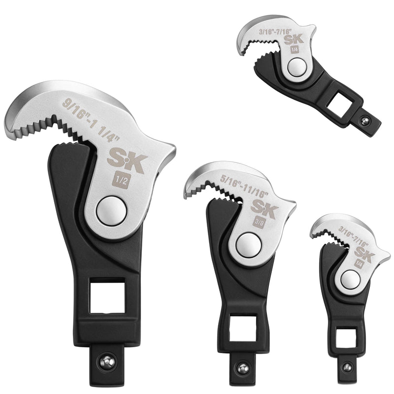 SK 3-Piece Adjustable Crowfoot Wrench Set, 1/4" & 3/8" & 1/2" Drive, Dual-Drive Ends Design, Spring Loaded Jaw with Serrated Teeth, 3/16" to 1-1/4", Premium CR-V Construction