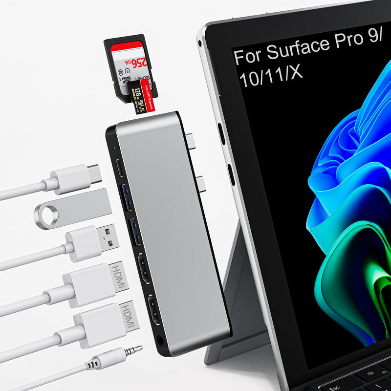 Surface Pro 9/10/11/X Docking Station with Dual 4K HDMI, Thunderbolt 4 (100W PD, 40Gbps Data, 8K Display), USB-C Hub for Surface Pro 11/10/9/X, Quad Display Adapter with 2 USB3.0, SD/TF, 3.5mm Audio Sliver