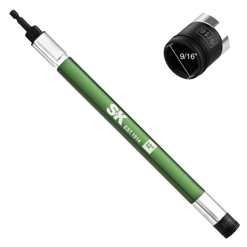SK 9/16" Impact Nut Driver, 12-Inch Long Aluminum Hollow Shaft for Long Bolts, Free-Spinning Pull-Down Springback Design, 1/4'' Hex Shank Power Nut Setter with Ball Detent Locking Socket 12 in