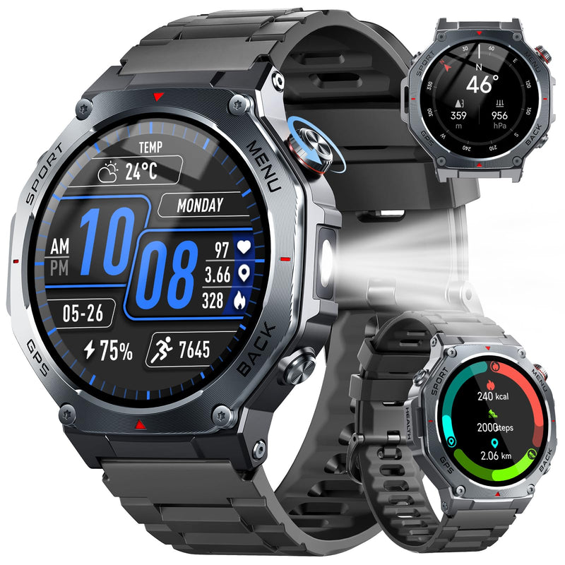 Jugeman Military Smart Watch for Men with Dual-Band GPS, 5ATM Waterproof, 1.43" AMOLED Fitness Watch with Bluetooth Call, Heart Rate Blood Oxygen Sleep Monitor, 160+ Sport Smartwatch for Android iOS Black