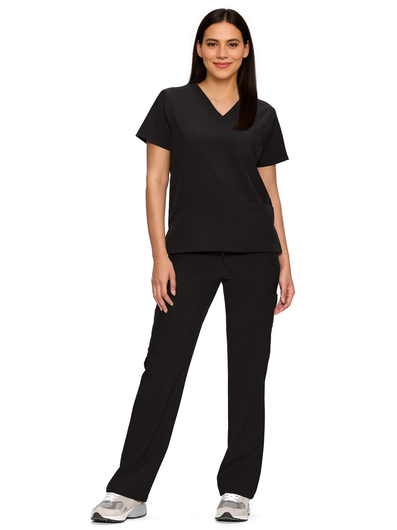 floralhue Scrubs for Women Set, Medical Women Scrubs, V-Neck Top and Straight Leg Pants with 11 Pockets (Relaxed Fit) Petite X-Small Black
