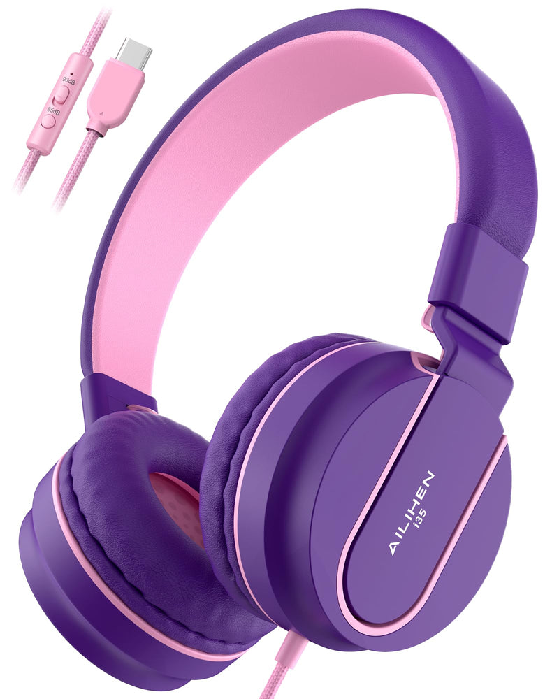 AILIHEN Upgrated USB C Headphones for Kids with Mic, Volume Limit 85dB/94dB | HD Stereo Sound, Foldable, Adjustable, Lightweight Type C Headphones for Gilrs/Toddler/School/Travel/Chromebook/Tablet/iPad Purple