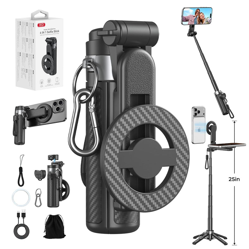 Upgrated 5-in-1 Magnetic Selfie Stick with Remote for Cell Phone 360° Rotation.Can Transforms into Mini Tripod/Camera Grip/Handheld Stabilizer/Phone Stand.Extend to 25 inches Black