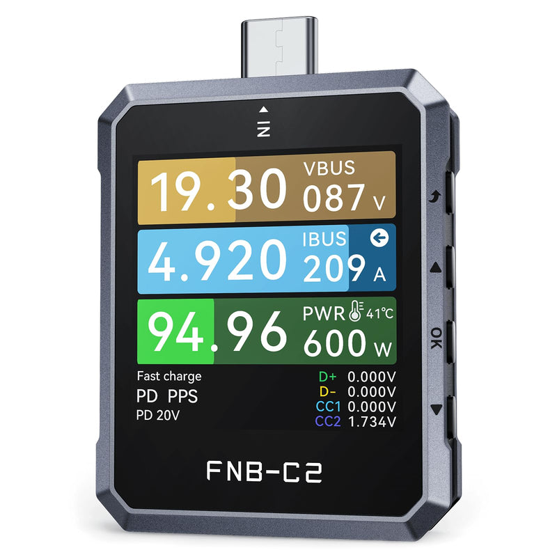 FNIRSI FNB-C2 PD 3.1 USB C Tester 4-50V 6.5A 240W, USB Power Meter with 20-Bit ADC 7-Digit Display Bi-Directional, 1.54" Screen, Curve View & Gravity Sensor, Supports PPS, QC3.0, E-Marker