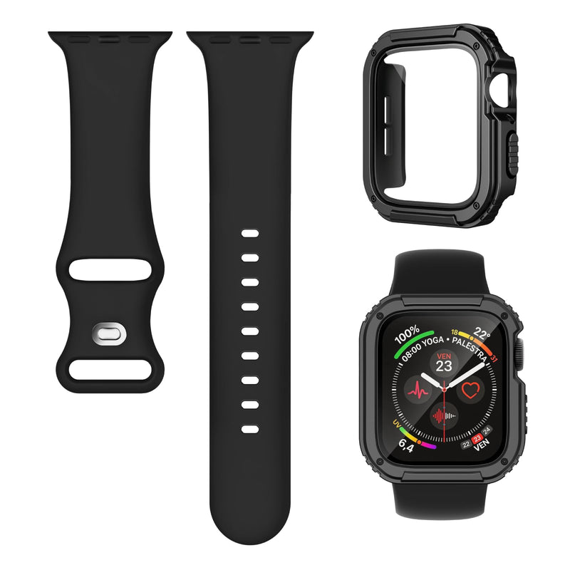 3-in-1 Silicone Band and Rugged Case Compatible for Apple Watch Bands 44mm 45mm 46mm 42mm 40mm 41mm, Sport Strap and Protective Cover with Screen Protector for iWatch Series 11 10 9 8 7 6 5 4 SE3 Black Series 6/5/4/SE 44mm