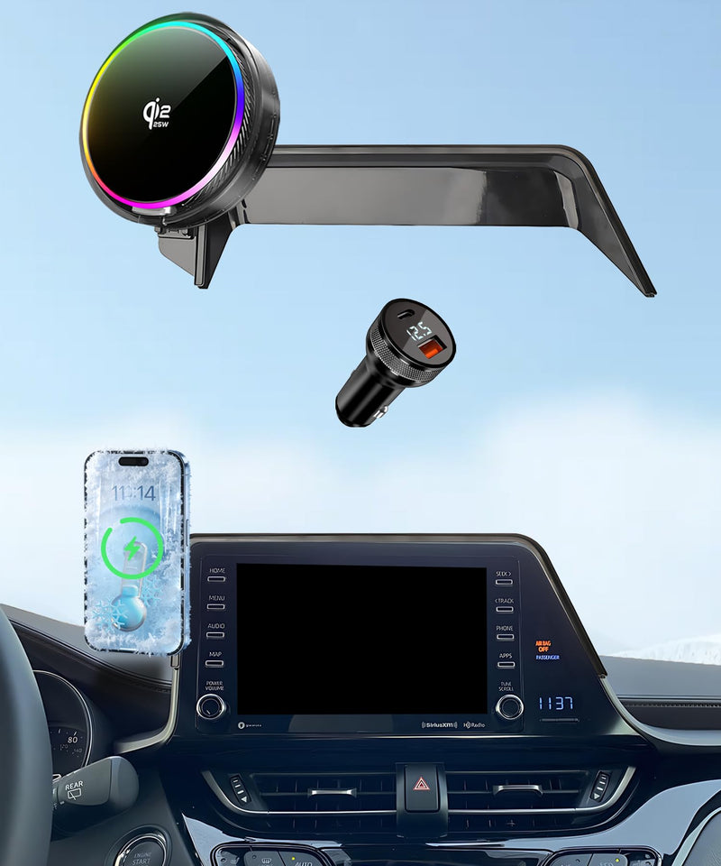 25W Car Mount Charger for Toyota C-HR 2019-2022 8-Inch Screen | 2019-2022 Toyota C-HR Qi2.2 25W MagSafe Fast Charging Cell Phone Holder Accessories,with Cooling Fan＆54W Fast Adapter