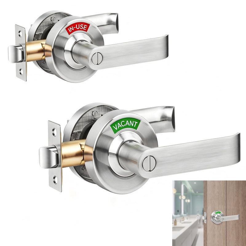 Vacant Occupied Bathroom Door Lock - Stainless Steel Privacy Door Handle with Indicator Sign, Fits 1-3/8" to 2" Door, ANSI Grade2 Commercial Door Locks for Restroom Stall, Office, Gym (Silver) Silver-Door handle