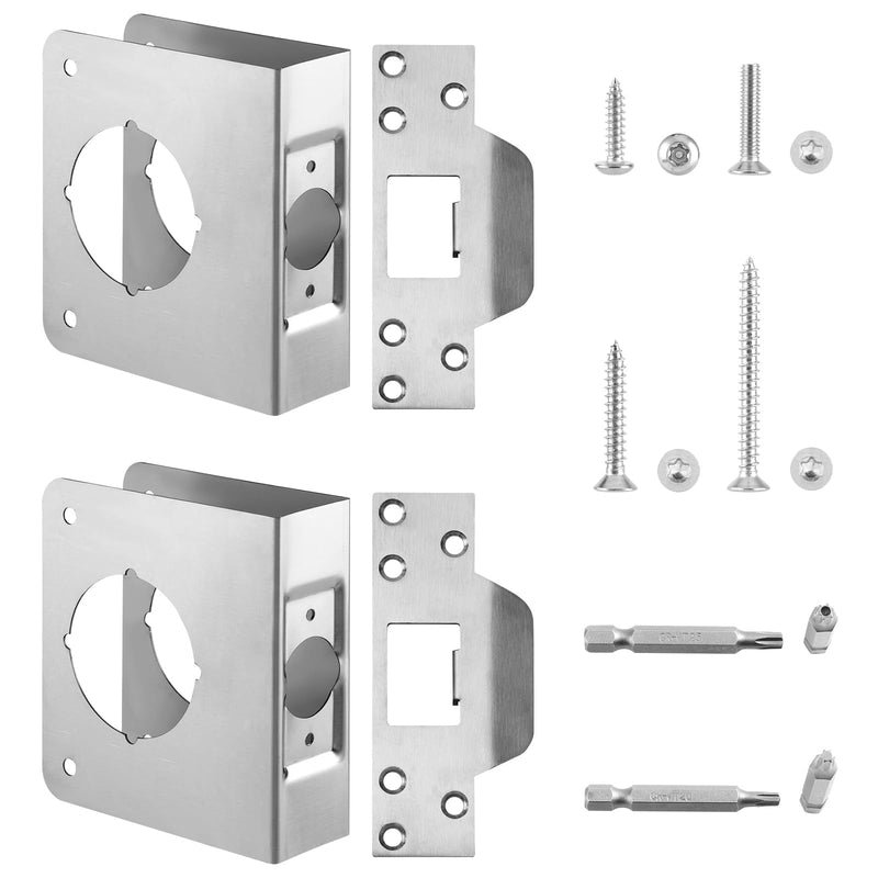 2 PackMP10852 Stainless Steel Lock and Door Reinforcement Plate for 1-3/8 inch Thick Doors, and Includes an Extra-Long Door Strike Plate Kit. Silver 2