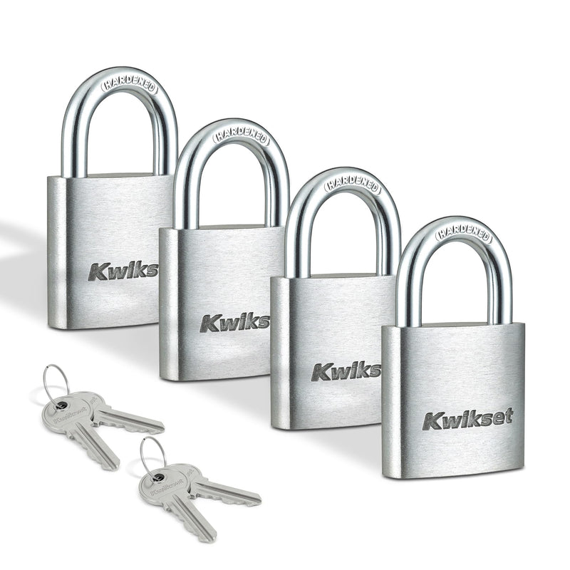 Kwikset Aluminum Padlock with Hardened Steel Shackle, Outdoor Shed and Gate Lock, 1-1/4 in Body, 5/8 in Shackle, 4 Pack Keyed Alike, Silver 5/8" Shackle