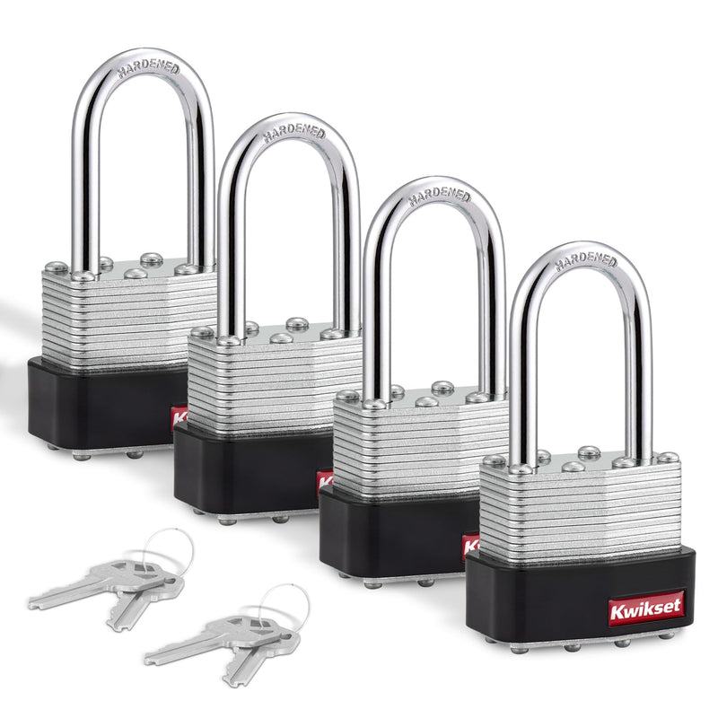 Kwikset Laminated Steel Padlock with Hardened Steel Shackle, Outdoor Gate and Fence Lock, 1-9/16 in Body, 1-1/2 in Shackle, 4 Pack Keyed Alike, Silver 1-1/2 " Shackle