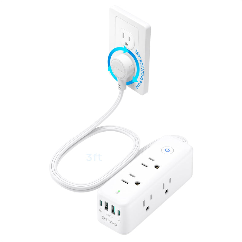 TROND Surge Protector Power Strip with 360 Rotating Flat Plug, White | 3ft Extension Cord, 6 Widely Spaced Outlets and 2 USB-C PD20W Ports, 1440J Surge Protector for Home Office Dorm Essentials