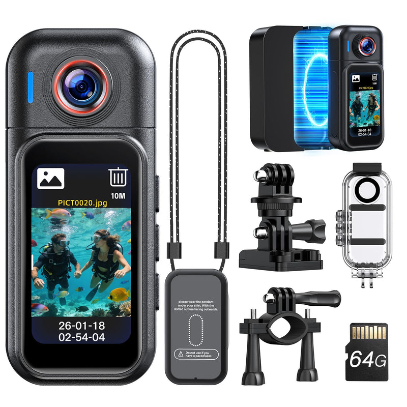 BOBLOV W3 Mini Body Camera Waterproof, 64GB Touch Screen Wearable Camera | 7H recording, charging dock, magnetic clips and up to 33FT waterproof case for vlogging, travel, cycling and daily use 64G Waterproof