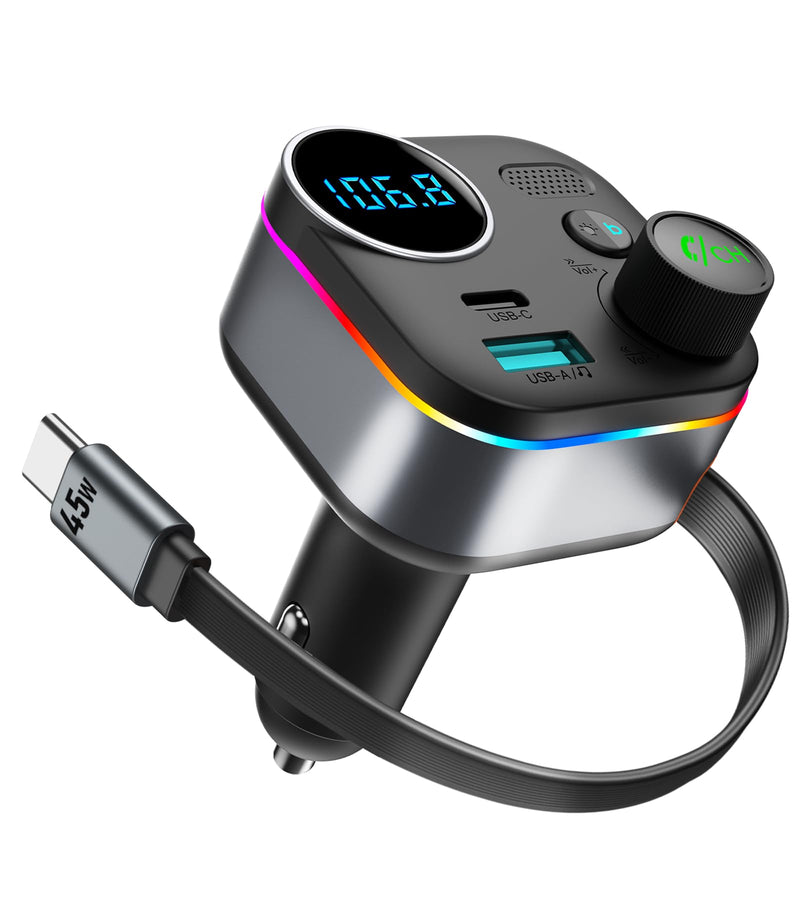 Bluetooth 5.4 FM Transmitter, 72W Car Charger with 45W Retractable USB-C PD | Built-in Cable, Hands-Free Calling, Deep Bass, LED Display, USB Drive Music Player for Cars Trucks