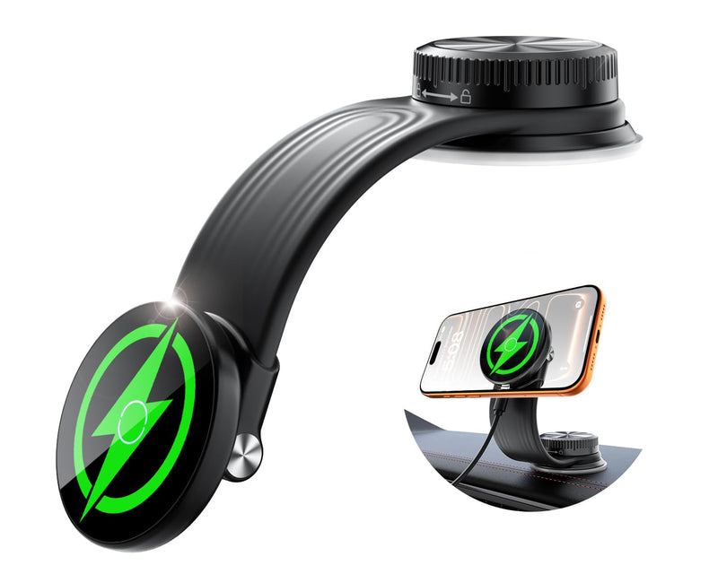 15W Magnetic Wireless Car Charger Mount, Flexible Bendable Aluminum Arm [360° Adjustable], Upgraded Adhesive Suction Cup Base, Dashboard Windshield Fast Charging Phone Holder for iPhone 17 Wireless Charging Holder