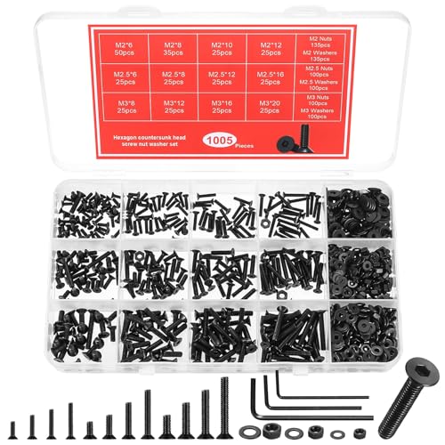 1005 Pcs M2 M2.5 M3 Metric Screw Assortment, Assorted Nuts and Bolts, Flat Head Hex Socket Cap Screws Bolts and Nuts Set, Black Hex Socket Countersunk Screws with Washers Kit M2,M2.5,M3 1005