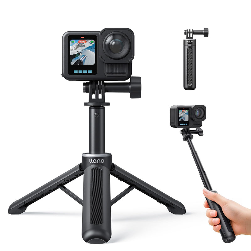 Llano 16" Action Camera Tripod for Gopro Hero 13/12/11/10/9/8, Max 2/1, Extendable Mini Tripod, Standard Mount for Gopro, Portable Handle Grip, Small Selfie Stick, Lightweight, Black For Gopro Hero 8-13,Max