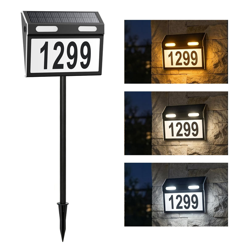 Brightown Solar House Number for Outside Address Signs - Stainless Steel Shell & Pole 3 Colors Waterproof Wall Mounted/In-Ground - Solar Powered Address Plaque for Yard Garden Home (Black) Black