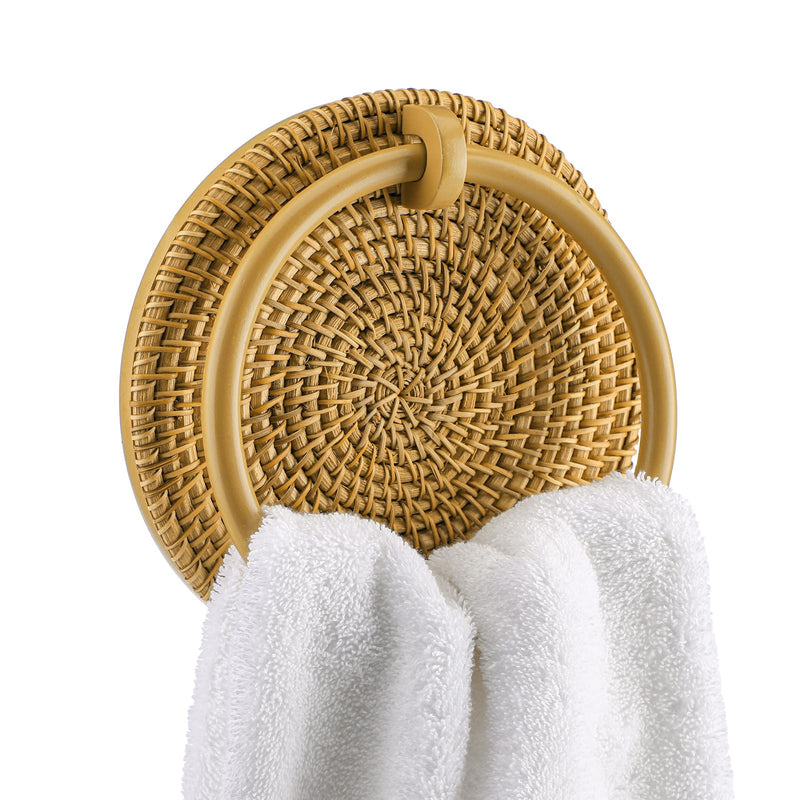 Mifoci Rattan Towel Ring Rack, Natural Woven Rattan Towel Hanger for Bathroom Wall Decor, Wood Rustic Farmhouse Bathroom Decor Accessories, Standard Wall Mount, Easy Installation