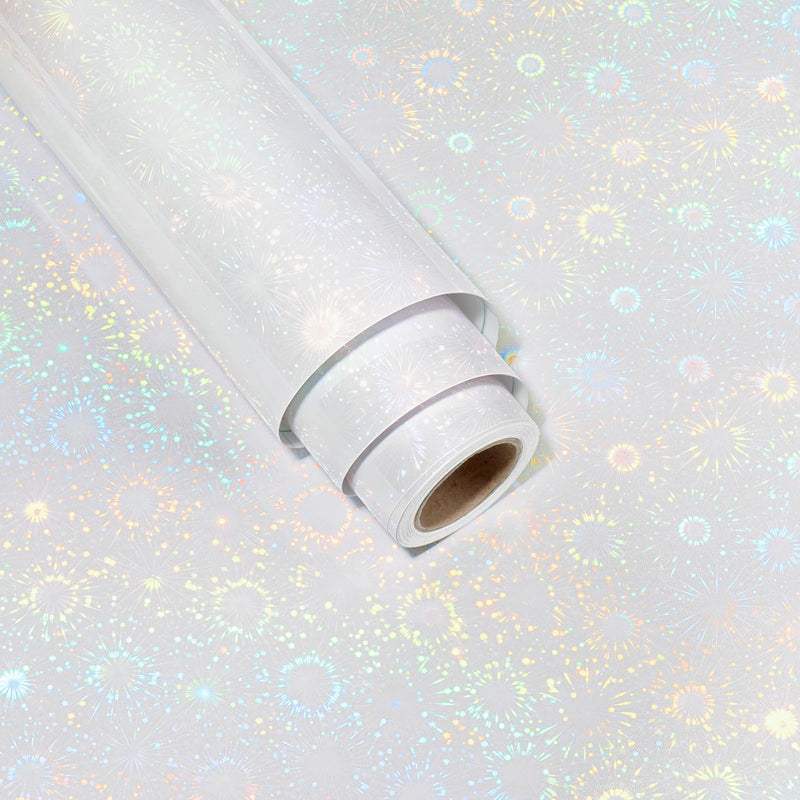Fireworks Pattern Holographic Sticker Paper Self Adhesive Holographic Window Film Iridescent Clear Contact Paper Transparent Glitter Laminate Sheets Vinyl Film for Book Card DIY Pictures