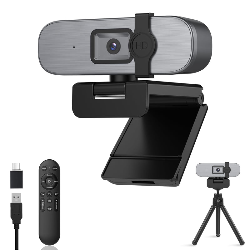 YQE 4K Webcam with Tripod, UHD Web Cam with Microphone, PDAF Autofocus Webcam with Remote Control, Privacy Cover, USB Type-A & A-to-C Adapter Computer Camera for Calling, Zoom/Teams/Facetime/Switch 2 Grey + Black
