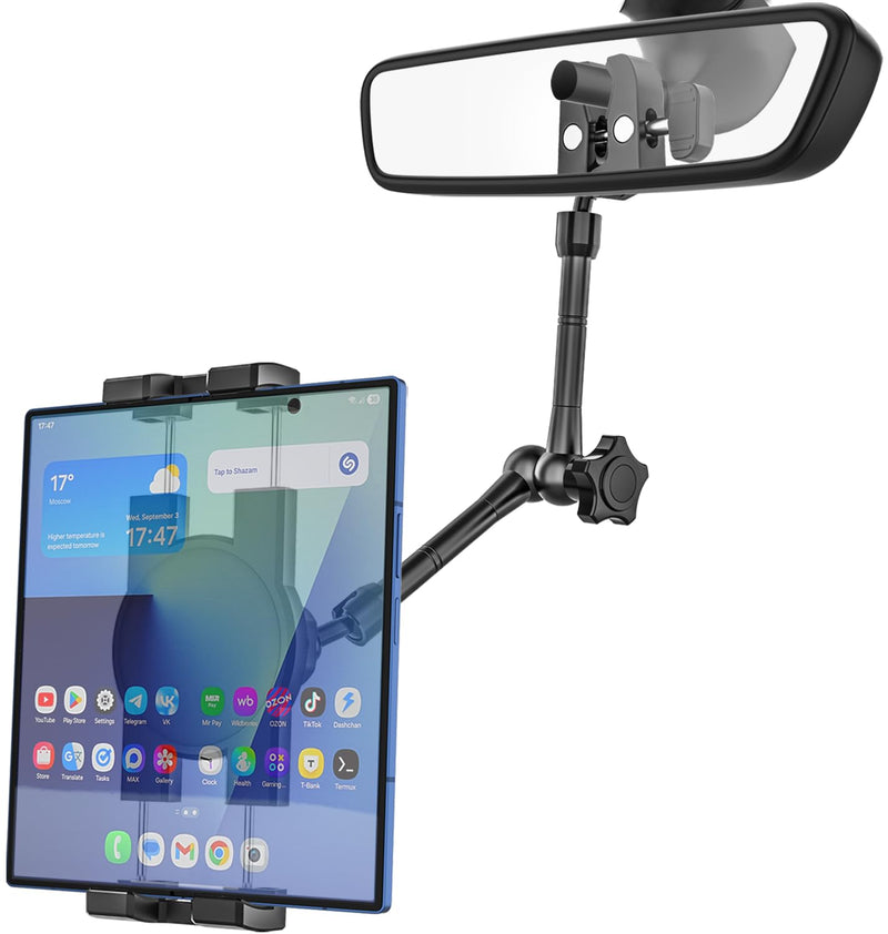 Z Fold Car Mount - [Foldable Phone Friendly] Rearview Mirror Tablet Holder for Car Truck, Rear View Mirror Phone Mount with 360° Metal Arm for Samasung Galaxy Fold 7 6 5 4 3, Tab, Google, iPad, iPhone