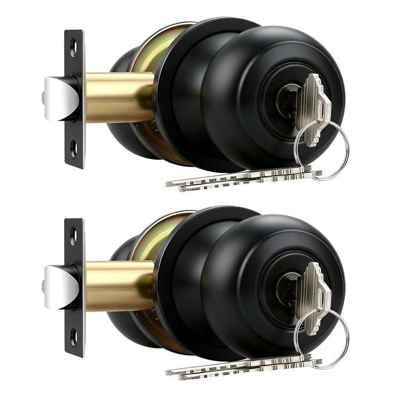 2 Pack Keyed Entry Door Knob, Entrance Door Lock, Keyed Different, Flat Ball, Matte Black Interior and Exterior Entry Door Knobs 2