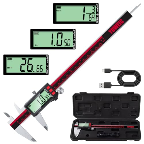 Digital Caliper 8 Inch, Rechargeable Calipers with LCD Screen, Inch/MM/Fraction, Stainless Steel Vernier Caliper Measuring Tool for DIY, Household, Jewelers Tools, 3D Printer