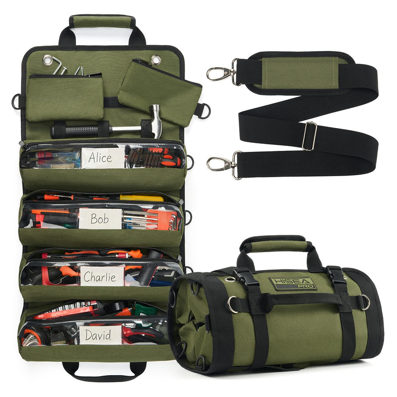 HISEA Roll Up Tool Bag, Heavy Duty Tool Storage Large-Capacity, 27"*14" Portable Tools Organizer with Utility Detachable Pouches, Waterproof Tool Roll Bag for Mechanic, Electrician, Gifts Green 14inch